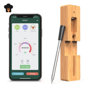 Elevate your grilling and smoking experience with our state-of-the-art wireless meat thermometer, meticulously designed for both amateur enthusiasts and seasoned pitmasters. Featuring an impressive 98-foot Bluetooth range, this device ensures you can monitor your culinary creations from a distance, granting you the freedom to entertain guests or relax without constant grill checks.​ Key Features: Extended Bluetooth Connectivity: With a robust 98FT wireless range, effortlessly oversee your cooking process from virtually any corner of your home or yard.​ Rapid Charging Efficiency: Equipped with a cutting-edge supercapacitor, achieve a full charge in just 5-10 minutes, providing up to 16 hours of uninterrupted use.​ Comprehensive Temperature Monitoring: Accurately measure temperatures ranging from 0-100°C (32-212°F), suitable for a variety of meats and cooking techniques.​ Smart App Integration: Seamlessly connect to our user-friendly Probe Temp App, compatible with both iOS and Android devices, allowing real-time temperature tracking and personalized cooking alerts.​ Durable Waterproof Design: Boasting an IPX7 waterproof rating, this thermometer is built to withstand the rigors of outdoor cooking, ensuring longevity and reliability.​ Versatile Charging Options: The included bamboo charging base and USB Type-C compatibility offer flexible and eco-friendly charging solutions.